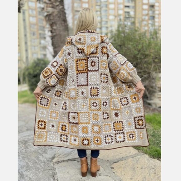 Granny Square Cardigan Crochet Sweater Maxi Long Hooded Afghan 100% Cotton Knit - Picture 9 of 9